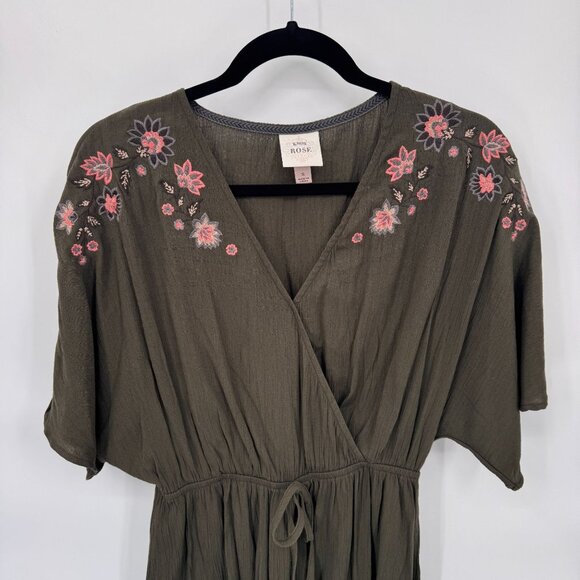 Knox Rose Dress Womens Small Green Rayon Blend Pink Embroidered Floral Tie Waist - Picture 2 of 8